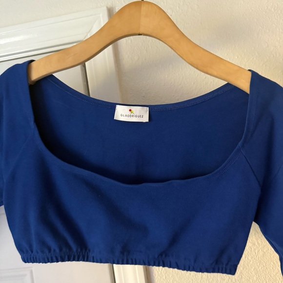 GIL RODRIGUEZ royal cobalt blue cotton square neck cropped long sleeve top tee - Picture 3 of 7